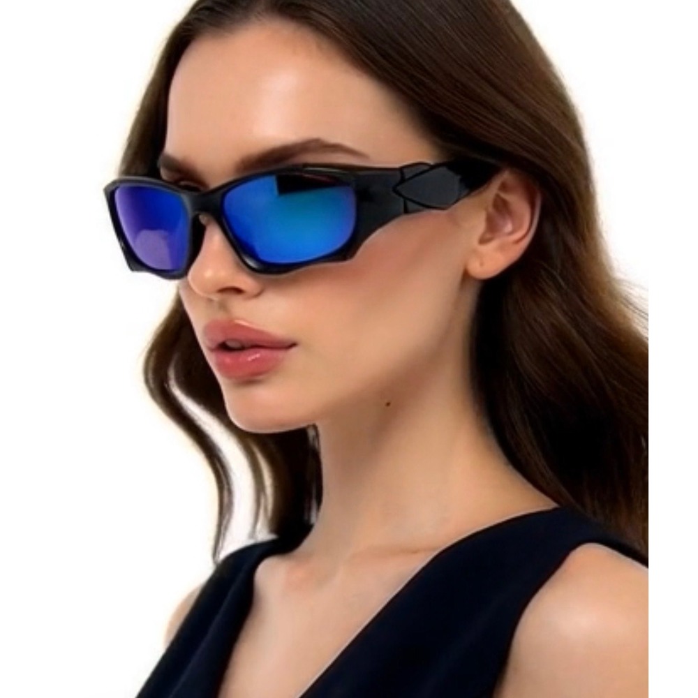 Polarized Matte Black Mirror Blue Sport Sunglasses Women's Wrap‎ Around  Shades